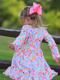 Fall Butterfly Floral Print Girls Ruffle Hem Twirl Dress - The Palm Beach Baby