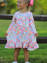 Fall Butterfly Floral Print Girls Ruffle Hem Twirl Dress - The Palm Beach Baby