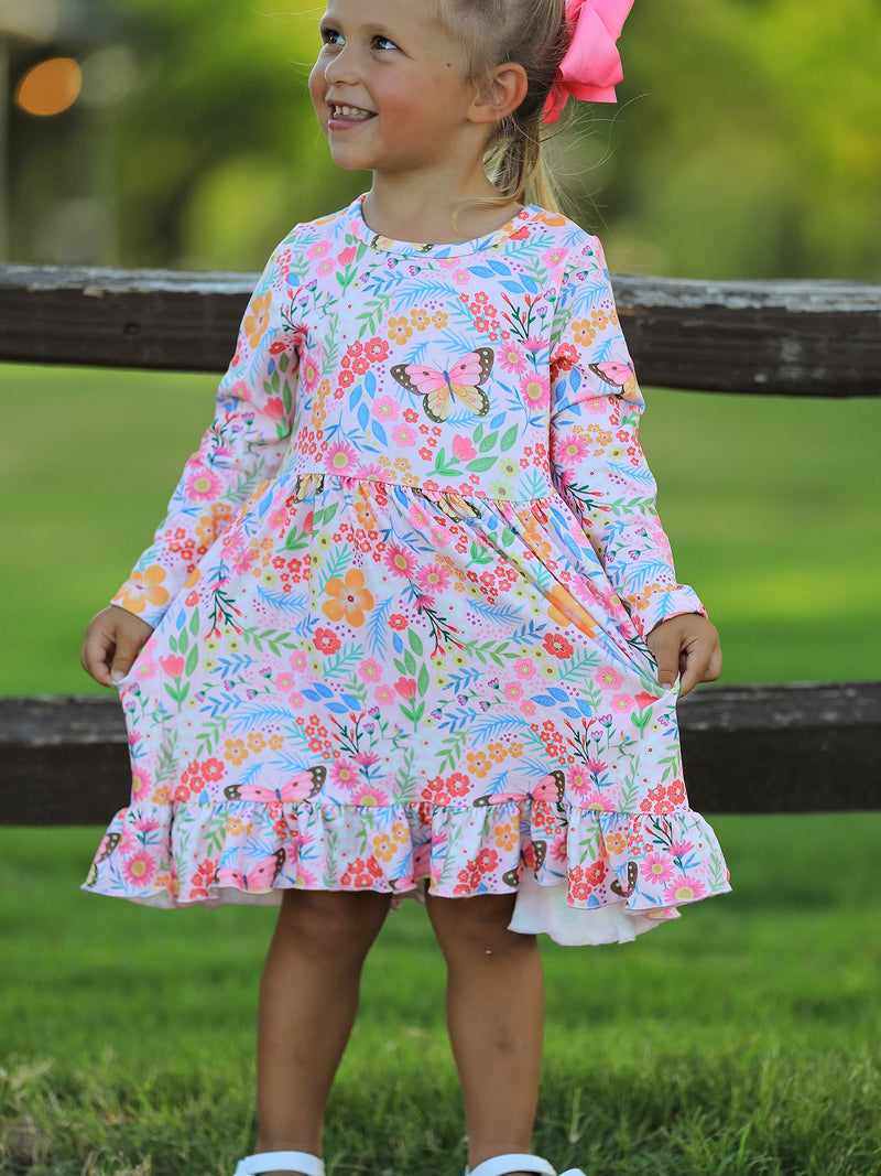 Fall Butterfly Floral Print Girls Ruffle Hem Twirl Dress - The Palm Beach Baby