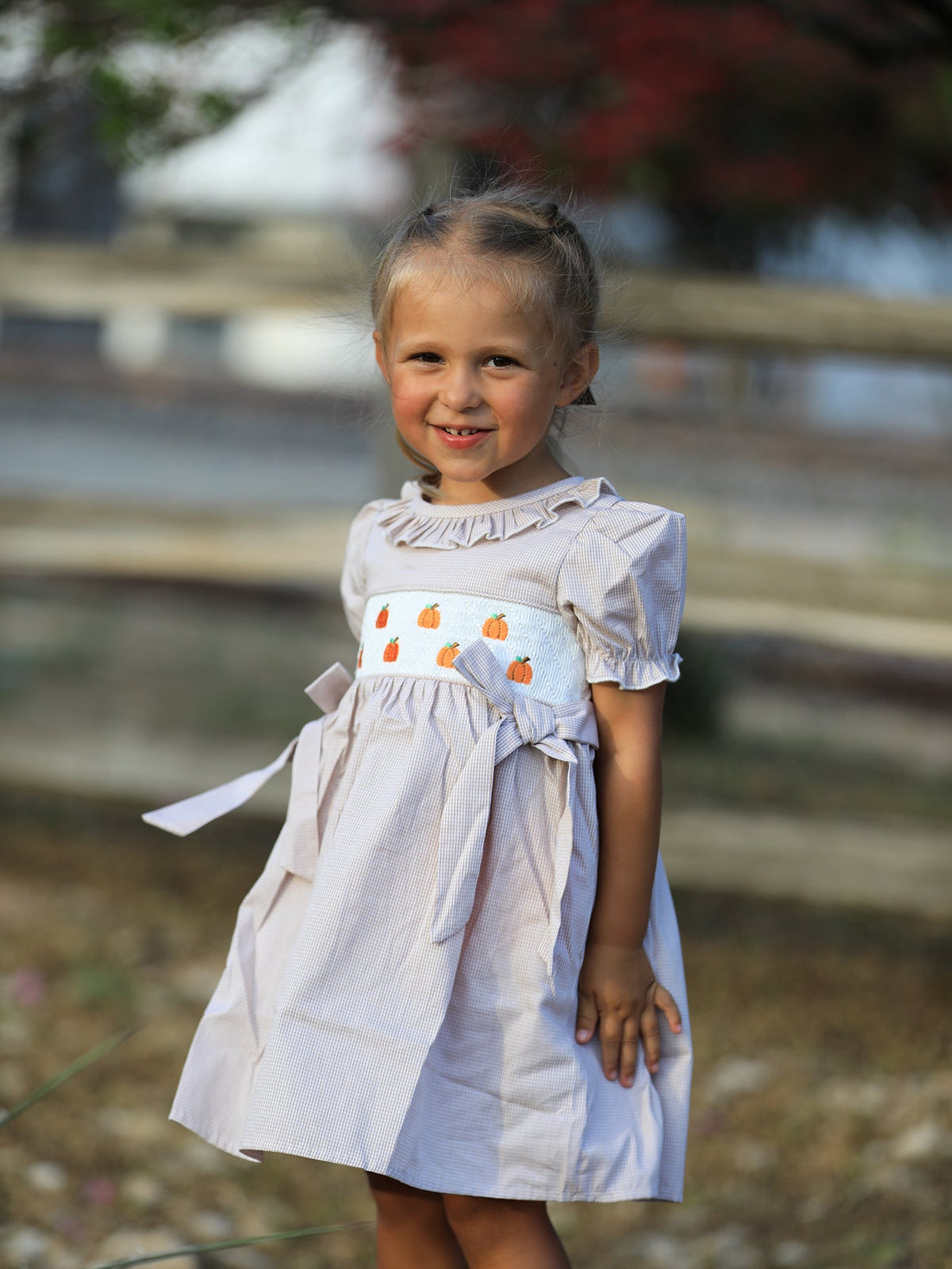 Little girl in a pumpkin-embroidered plaid fall smock dress, outdoors.