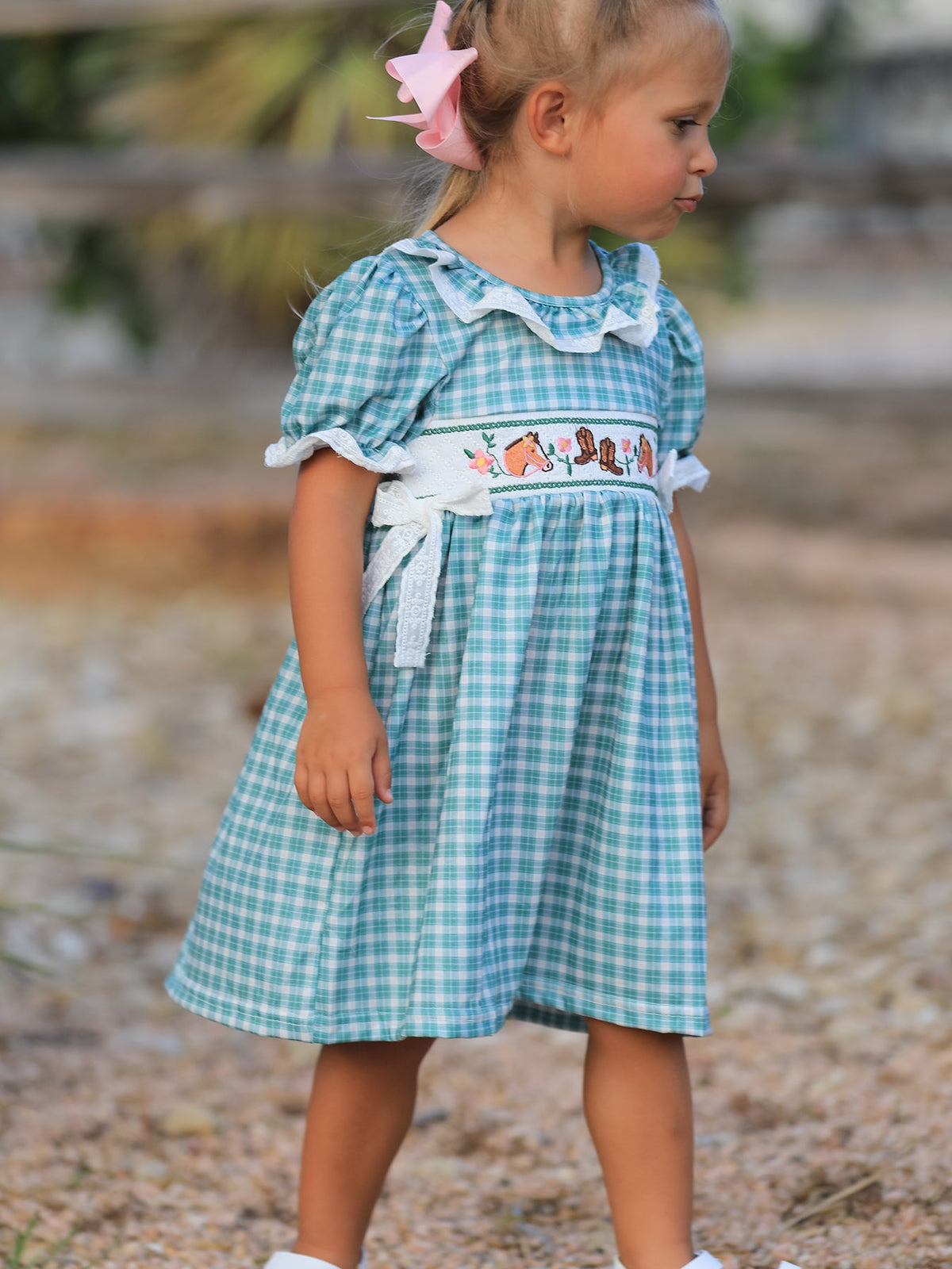 Western Plaid Horse Embroidered Girl Dress