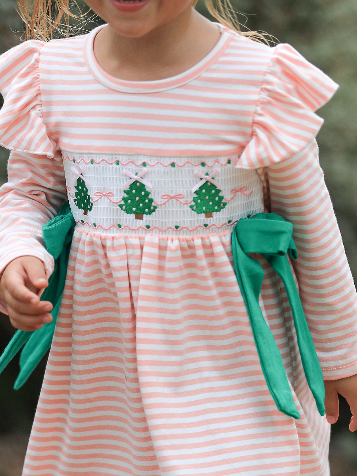 Christmas Tree Smocked Embroidery Stripe Baby Girls Dress