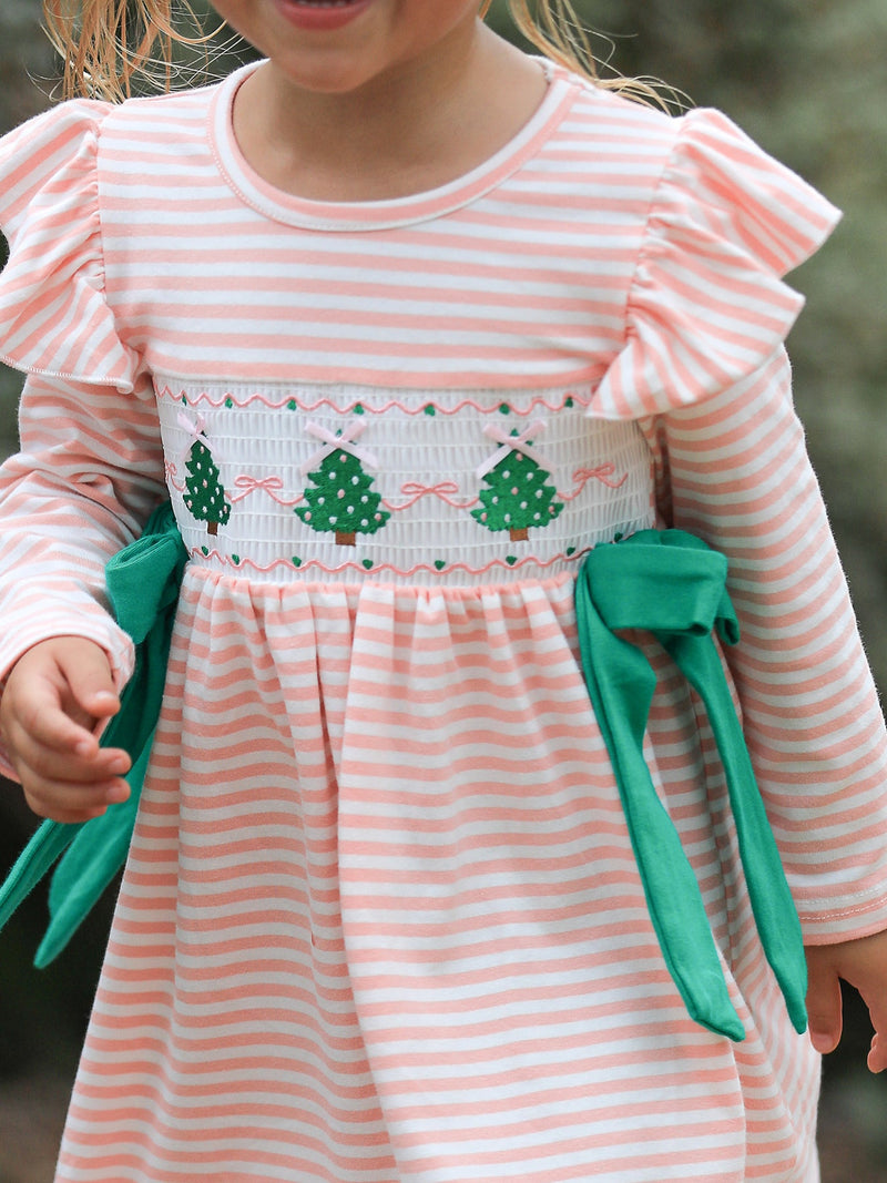 Christmas Tree Smocked Embroidery Stripe Baby Girls Dress