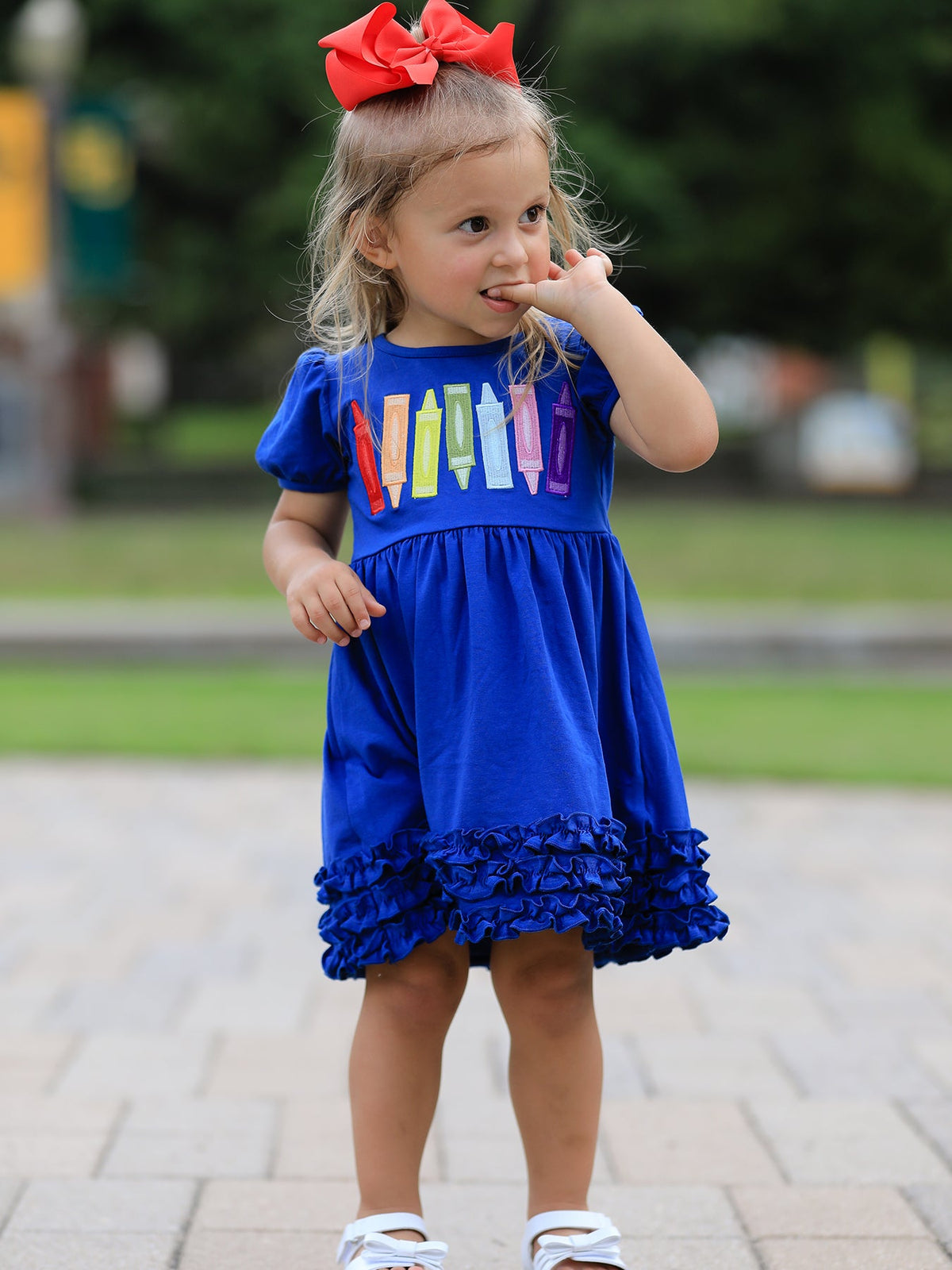 Adorable Girls Back To School Crayon Twirl Dress Ruffle Applique for creative little ones, perfect girls back to school dress.