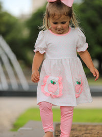 Back To School Girls' Apple Applique Set with Pockets featuring a bright apple design, perfect for stylish little girls.