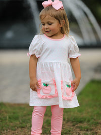Close-up of the playful apple applique on the Back To School Girls' Apple Applique Set, showcasing its fun and vibrant style.