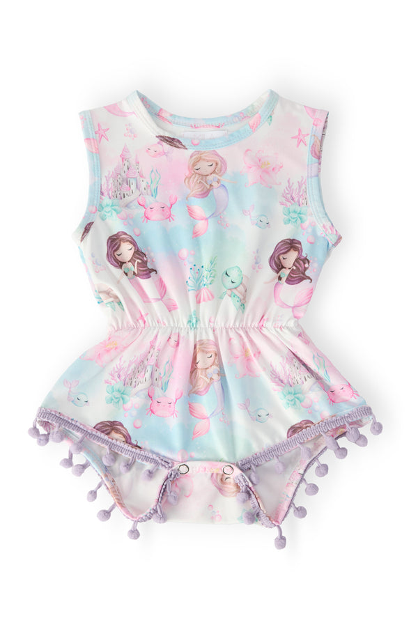 Mermaid Fairytale Pom Pom Romper featuring colorful mermaid and sea creature prints, with playful pom pom details, perfect for summer adventures.