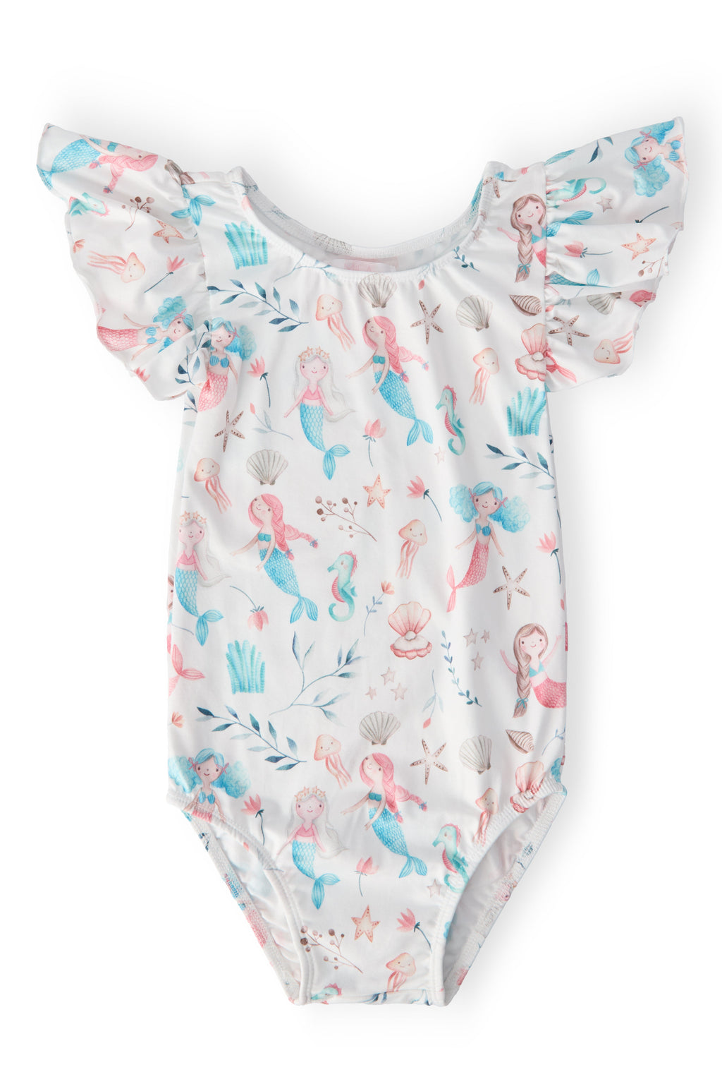 Mermaid Friends Short Sleeve Flutter Sleeve Leotard featuring a whimsical mermaid print with colorful mermaids, jellyfish, and seashells on a white background, perfect for little dancers and imaginative play.