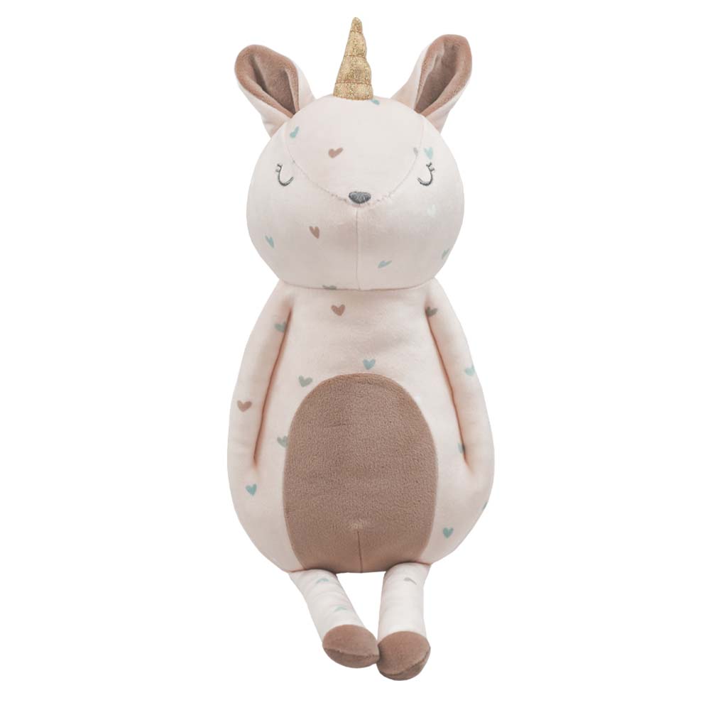 Cleo Unicorn Mini Printed Plush toy, featuring a soft plush design with a cute unicorn theme and pastel heart patterns, perfect for cuddling and imaginative play.