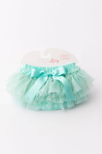 Mint & Gold Glitter Ruffle Tutu Bloomer by Mila & Rose, featuring a fluffy mint green design with gold glitter accents and a satin bow, perfect for newborns and infants.