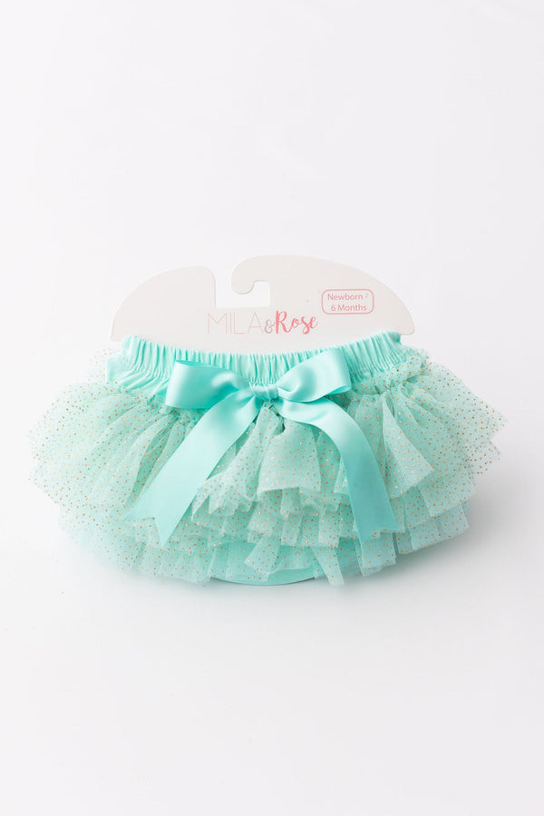 Mint & Gold Glitter Ruffle Tutu Bloomer by Mila & Rose, featuring a fluffy mint green design with gold glitter accents and a satin bow, perfect for newborns and infants.