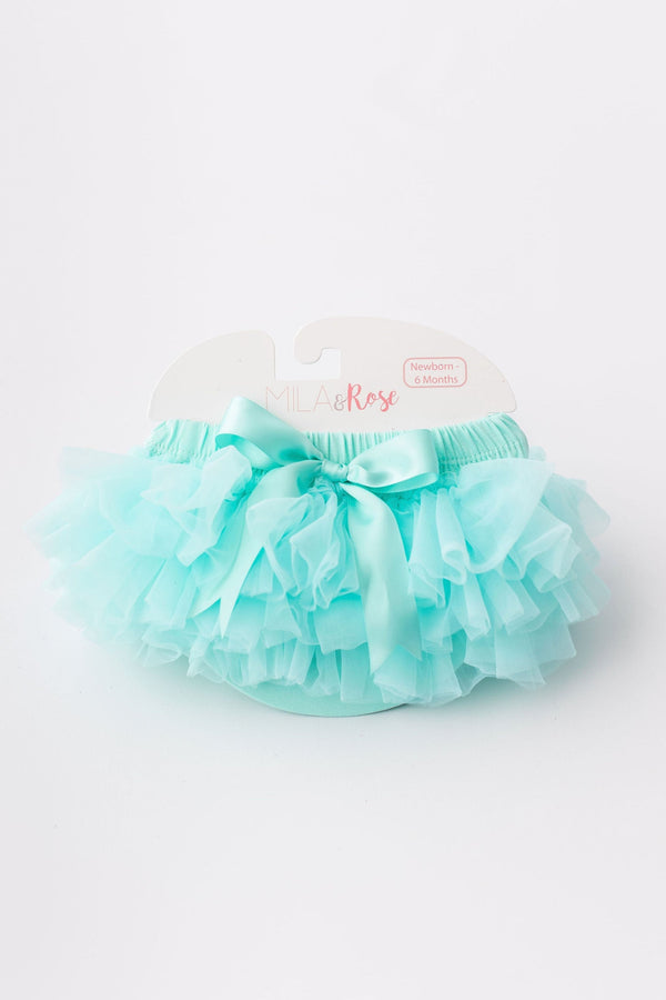 Mint Ruffle Tutu Bloomer by Mila & Rose®, featuring fluffy mint ruffles and a satin bow, perfect for little ones.