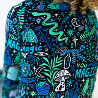 The Second-Skin 2-Piece Long Sleeve Pajama in Blue by Mystic Mama — close-up of vibrant teal and navy print fabric.