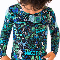 The Second-Skin blue 2-Piece long-sleeve pajama top with vibrant doodle print.