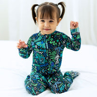 Toddler wearing The Second-Skin Convertible Romper | Mystic Mama Blue; soft Raising Mama viscose from bamboo.