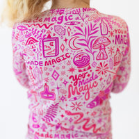 Mystic Mama The Second-Skin pink 2-Piece long-sleeve pajama with doodle pattern, back view