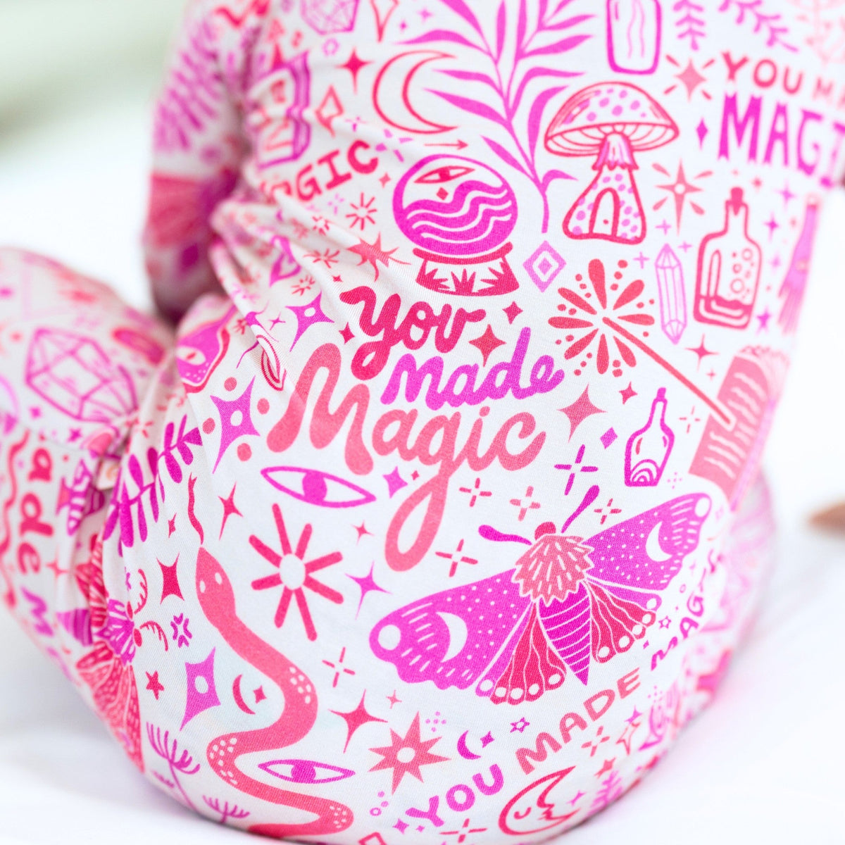 Close-up of The Second-Skin Bamboo Zippered Footie | Mystic Mama with a sleek zipper, showcasing comfort and style for babies.