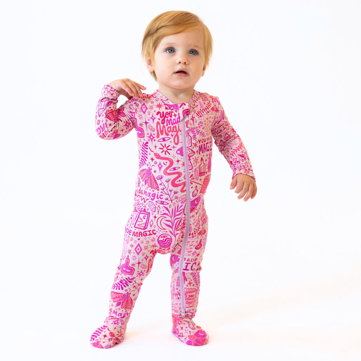 The Second-Skin Bamboo Zippered Footie | Mystic Mama laid flat to show its intricate details and quality bamboo fabric.