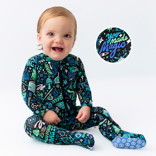Baby in The Second-Skin Footie Mystic Mama Blue featuring You Made Magic print.