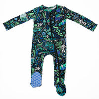 Blue mystical print zippered baby footie romper with You Made Magic motifs.