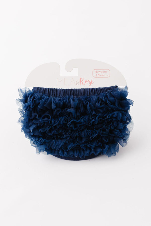 Navy Blue Ruffle Bum Bloomer by Mila & Rose, featuring playful ruffles and a comfortable fit, perfect for newborns and special occasions.