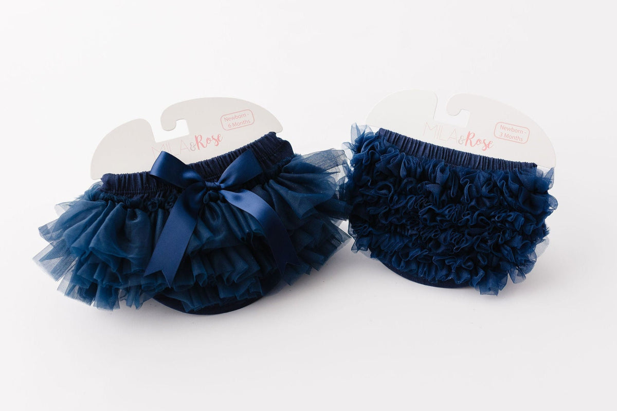 Navy Blue Ruffle Bum Bloomer by Mila & Rose, featuring soft tulle ruffles and a stylish bow, perfect for newborns and toddlers, ideal for cute photoshoots and playtime.