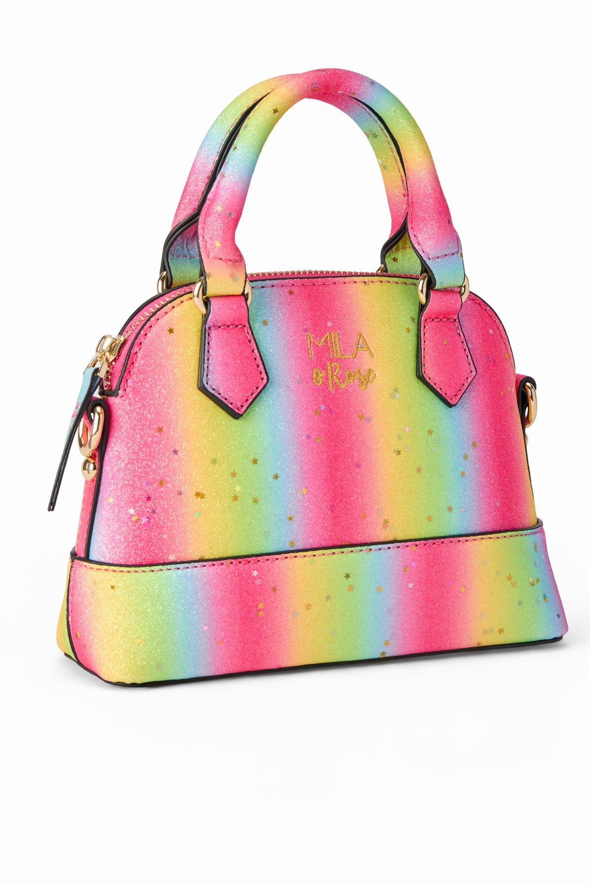 Neon rainbow glitter girls crossbody purse with star confetti and gold Mila Rose branding. Perfect fashion accessory accessory for little fashionistas.