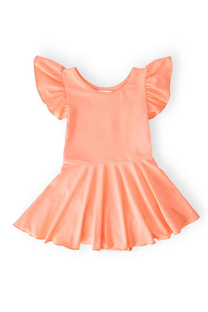 Neon Coral Short Sleeve Twirl Leotard shown flat, featuring a flared skirt and flutter sleeves, perfect for young dancers.