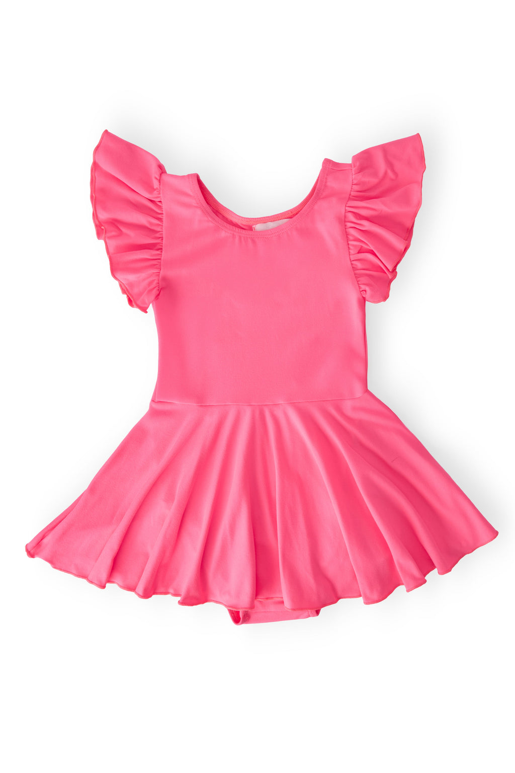 Neon Pink S/S Twirl Leotard featuring flutter sleeves and a twirl-friendly skirt, perfect for young dancers.
