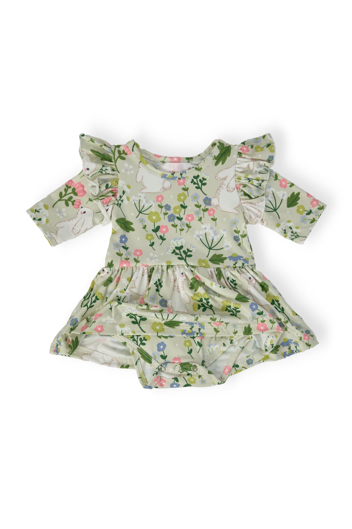 Green floral twirl bodysuit for babies with flutter sleeves by Mila and Rose