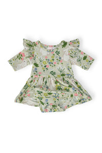 Green floral twirl bodysuit for babies with flutter sleeves by Mila and Rose
