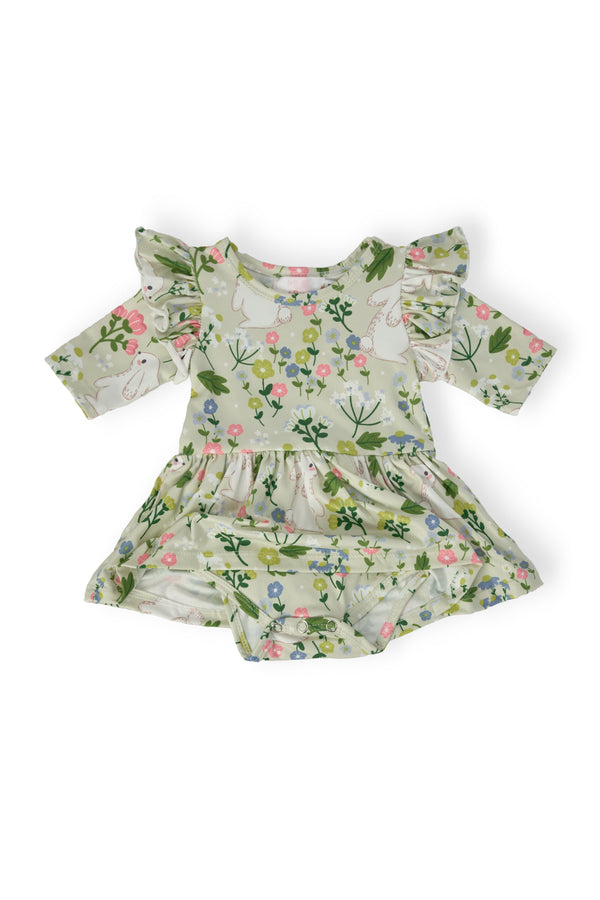 Green floral twirl bodysuit for babies with flutter sleeves by Mila and Rose