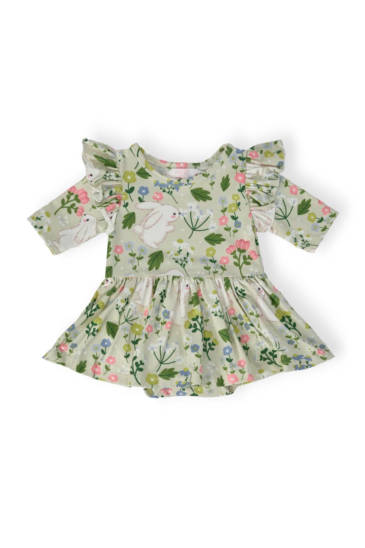 Green floral twirl bodysuit for babies with flutter sleeves and bunny print