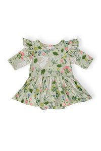 Green floral twirl bodysuit for babies with flutter sleeves and bunny print
