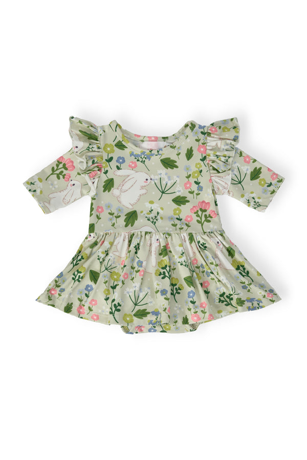 Green floral twirl bodysuit for babies with flutter sleeves and bunny print