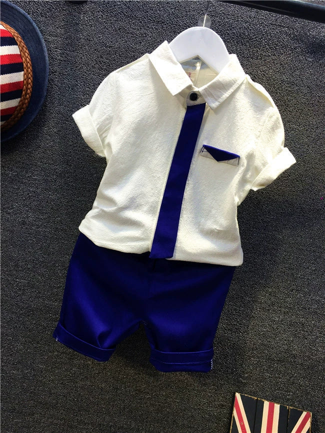 Stylish 'Zack' Sporty Shorts and Shirts set for boys featuring a white top with a blue accent and matching blue shorts, perfect for summer fun.
