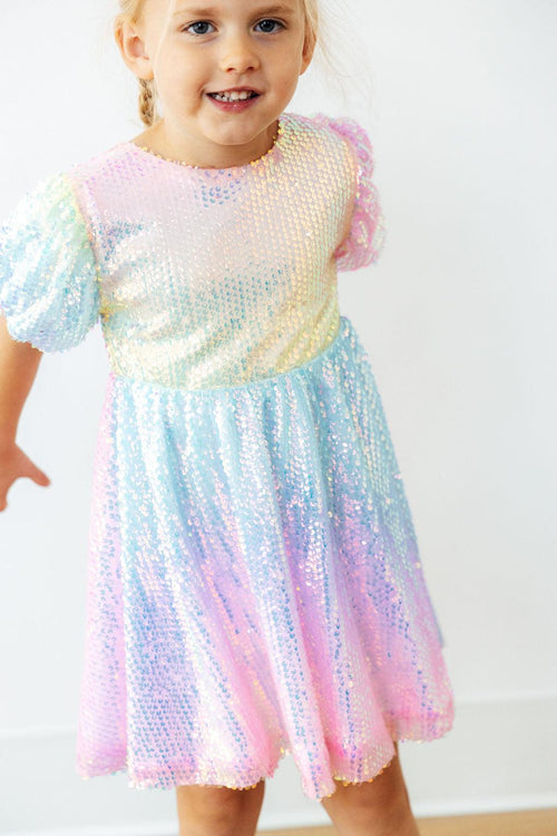 Rainbow ombre puff sleeve sequin dress for girls, perfect for birthdays, weddings, and special occasions.