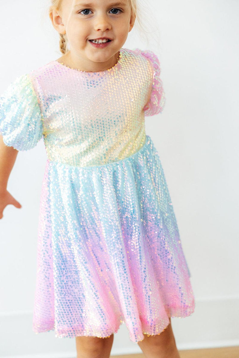 Rainbow ombre puff sleeve sequin dress for girls, perfect for birthdays, weddings, and special occasions.