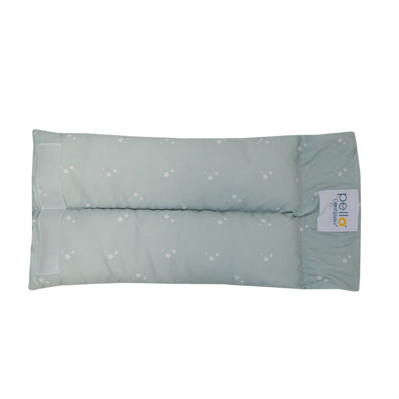 Unfolded Orion Comfy Cradle nursing arm pillow showcasing a stylish mint green design with star patterns, offering essential support for nursing and bottle feeding.