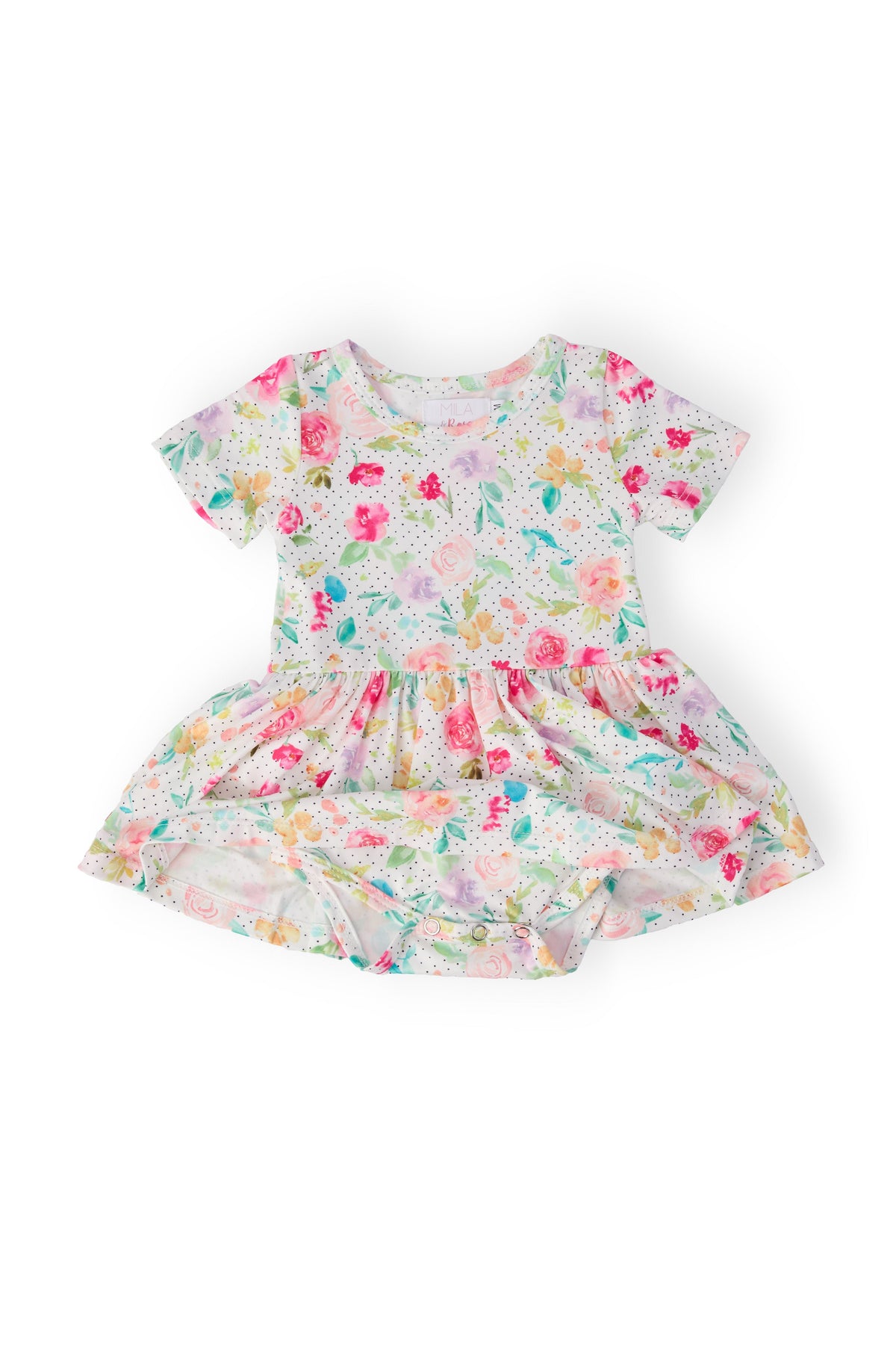Cute baby wearing the Painted Posies Short Sleeve Summer Baby Romper with Twirl Skirt, showcasing the playful twirl design and soft fabric ideal for summer adventures.