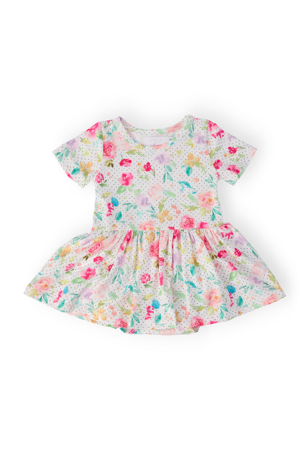 Painted Posies Short Sleeve Summer Baby Romper with Twirl Skirt, featuring a vibrant floral print, perfect for stylish summer outings and comfortable playtime.