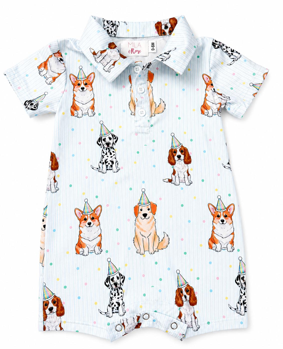 Party Pups Polo Shorty One-Piece romper with light blue stripes and puppies in party hats, snap placket.