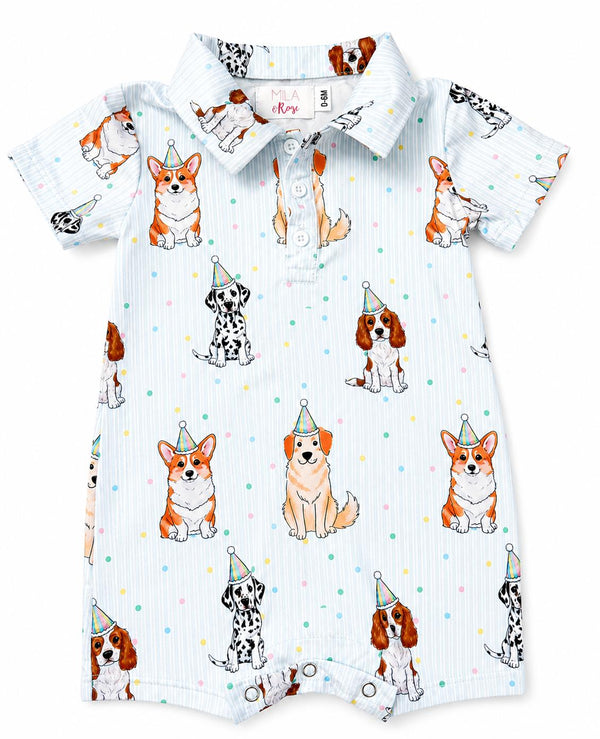 Party Pups Polo Shorty One-Piece romper with light blue stripes and puppies in party hats, snap placket.