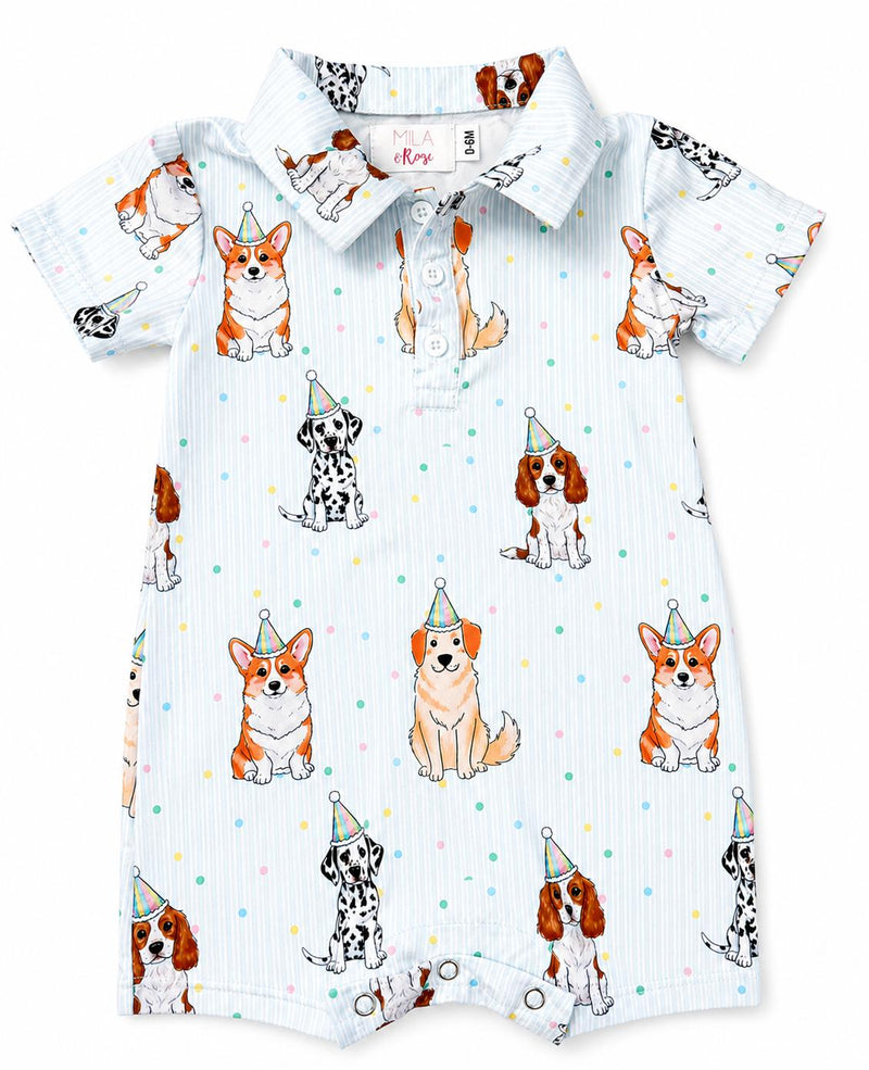 Party Pups Polo Shorty One-Piece romper with light blue stripes and puppies in party hats, snap placket.