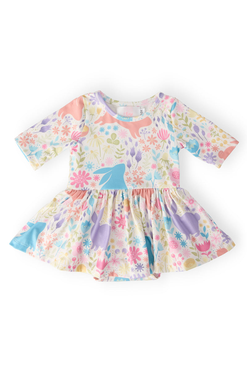 Pastel Floral Bunnies Twirl Bodysuit featuring a fun array of pastel colors and playful floral patterns, perfect for your little one's stylish adventures.