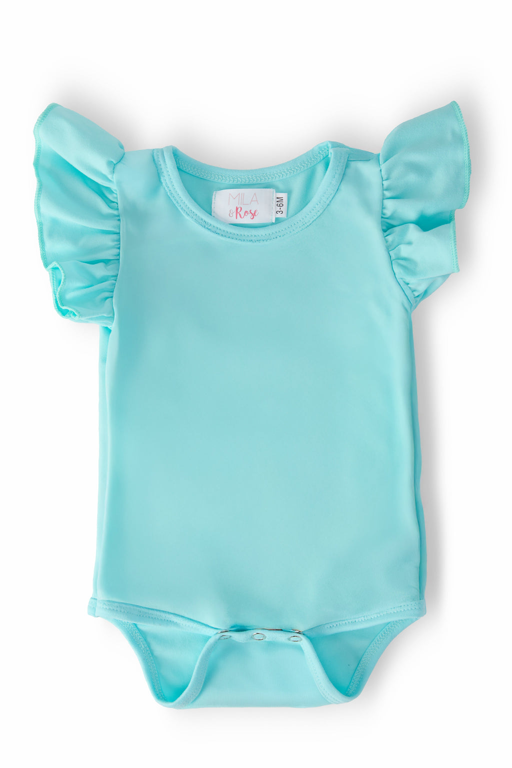 Aqua S/S Flutter Bodysuit featuring cute flutter sleeves and soft fabric, perfect for babies and toddlers by Mila & Rose.