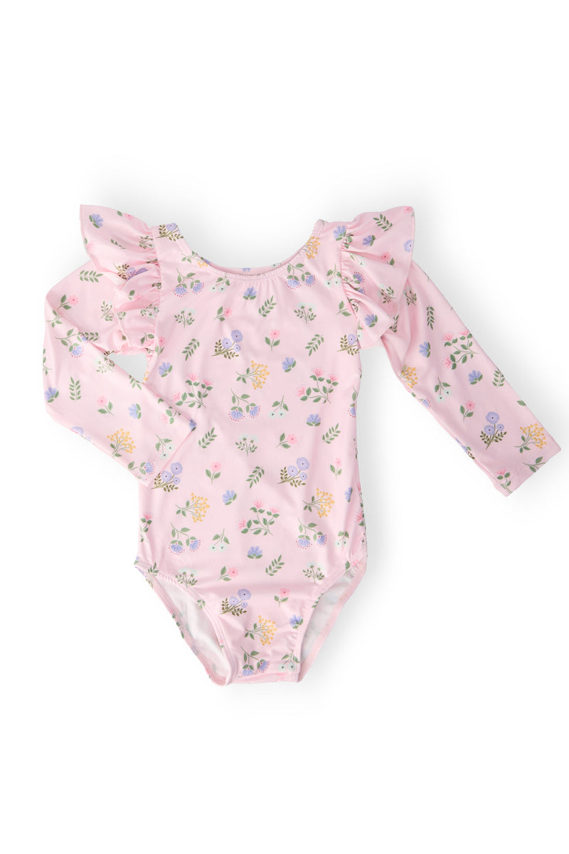 Pastel Petals Long Sleeve Flutter Leotard featuring a charming pastel flower pattern and flutter sleeves, perfect for little dancers.