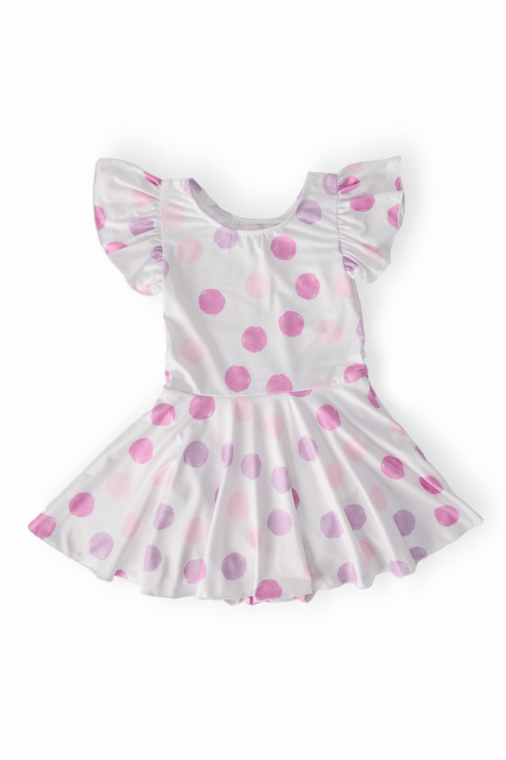 Pastel Polka Dot S/S Twirl Leotard displayed flat, featuring playful purple and pink dots on a soft fabric with a flared skirt, perfect for little dancers.