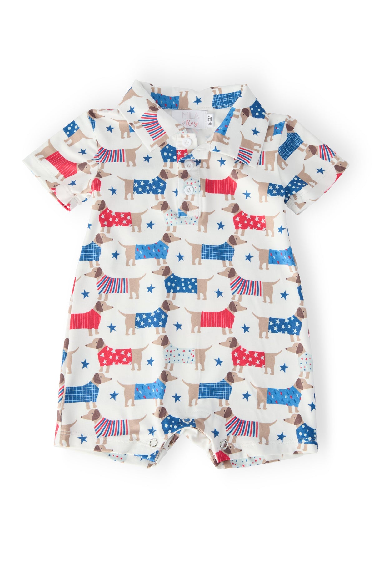 Patriotic Pups Polo Shorty One-Piece: soft summer baby outfit with red, white, blue dog prints and stars; snap closure.