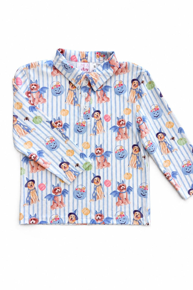 Pawsitively Spooky long-sleeve polo for boys with blue stripes, pumpkins, and Halloween dogs.
